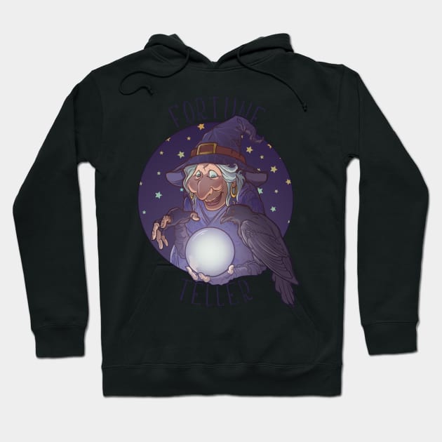 Old witch with her black raven holding a crystal ball and foretelling the future. Funny cartoon style character Hoodie by AntonVTokarev